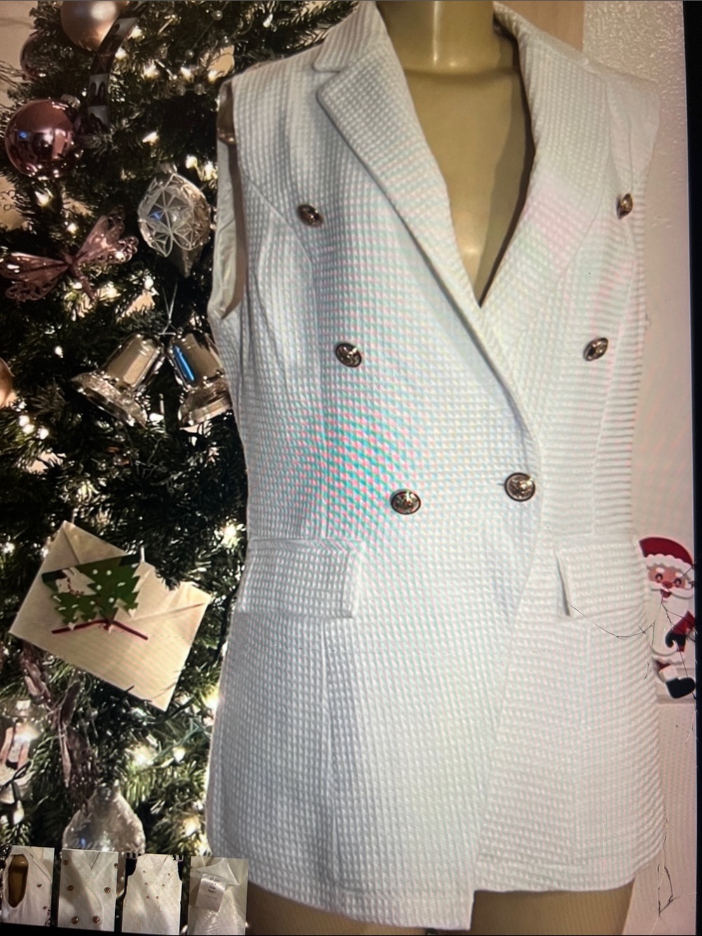 Sleeveless Double-Breasted Textured White Blazer Vest